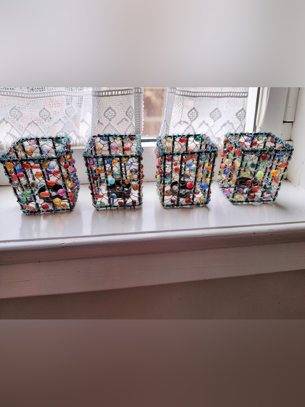 Bohemian EUC Set of 4 Handmade Multicolor Glass Beaded Candle Holders